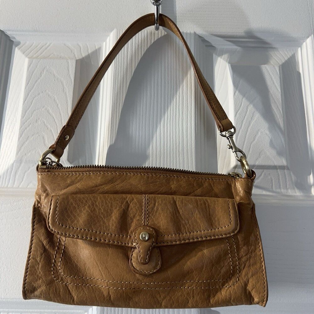 Liz Claiborne Tan/Cognac Leather Shoulder Bag, Gold Hardware, Zip + Front Pocket